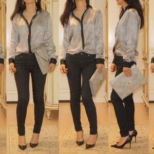 SALVATORE FERRAGAMO herringbone BUTTON-UP SILK BLOUSE
Size: S | US4, IT40